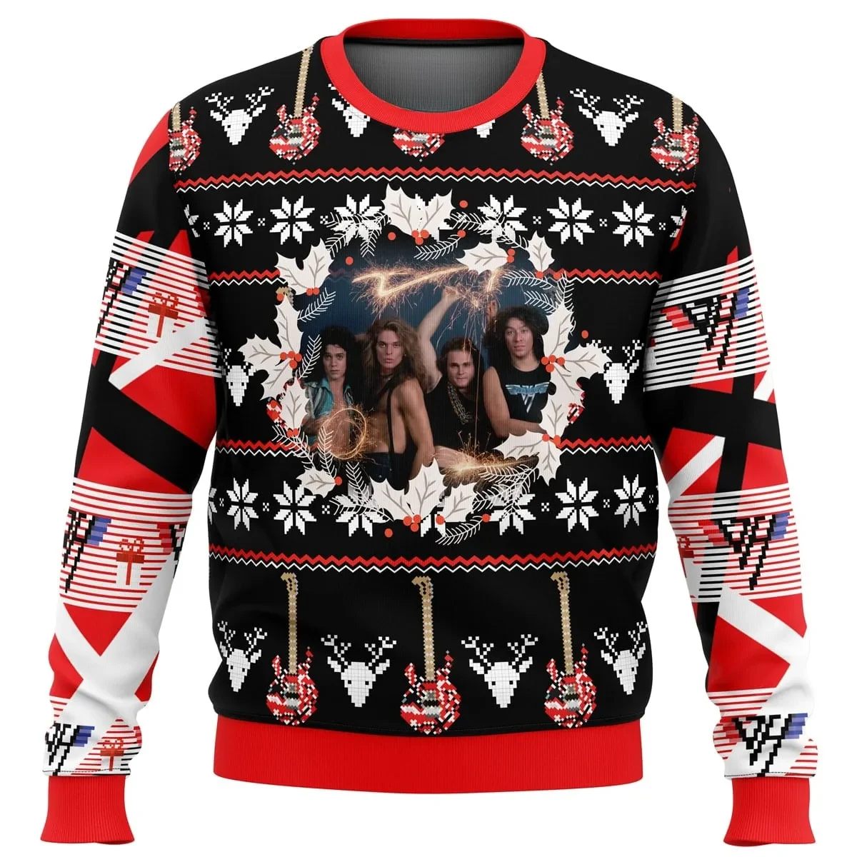 Eddie Van Halen Ugly Christmas Sweater, Van Halen Rock Band Holiday Sweater, Frankenstrat Stripe Guitar Pattern, Classic Rock Xmas Gift