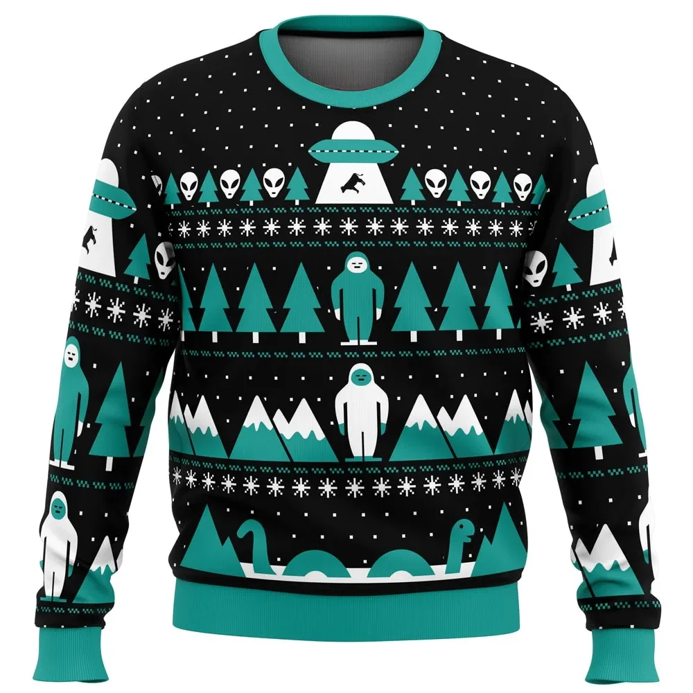Paranormal Xmas Alien Ugly Christmas Sweater, UFO Bigfoot Nessie Holiday Sweater, Yeti and Cow Abduction Pullover, Funny Cryptid Gift