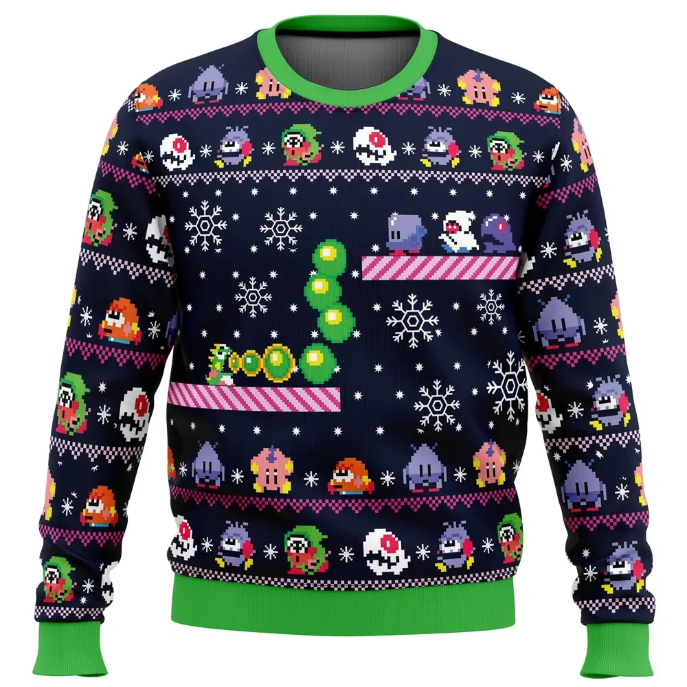 Christmas Bubble Bobble Ugly Christmas Sweater, Bub and Bob Holiday Sweater, Pixel Arcade Dragon Retro Gamer Xmas Gift, Unisex Sweatshirt