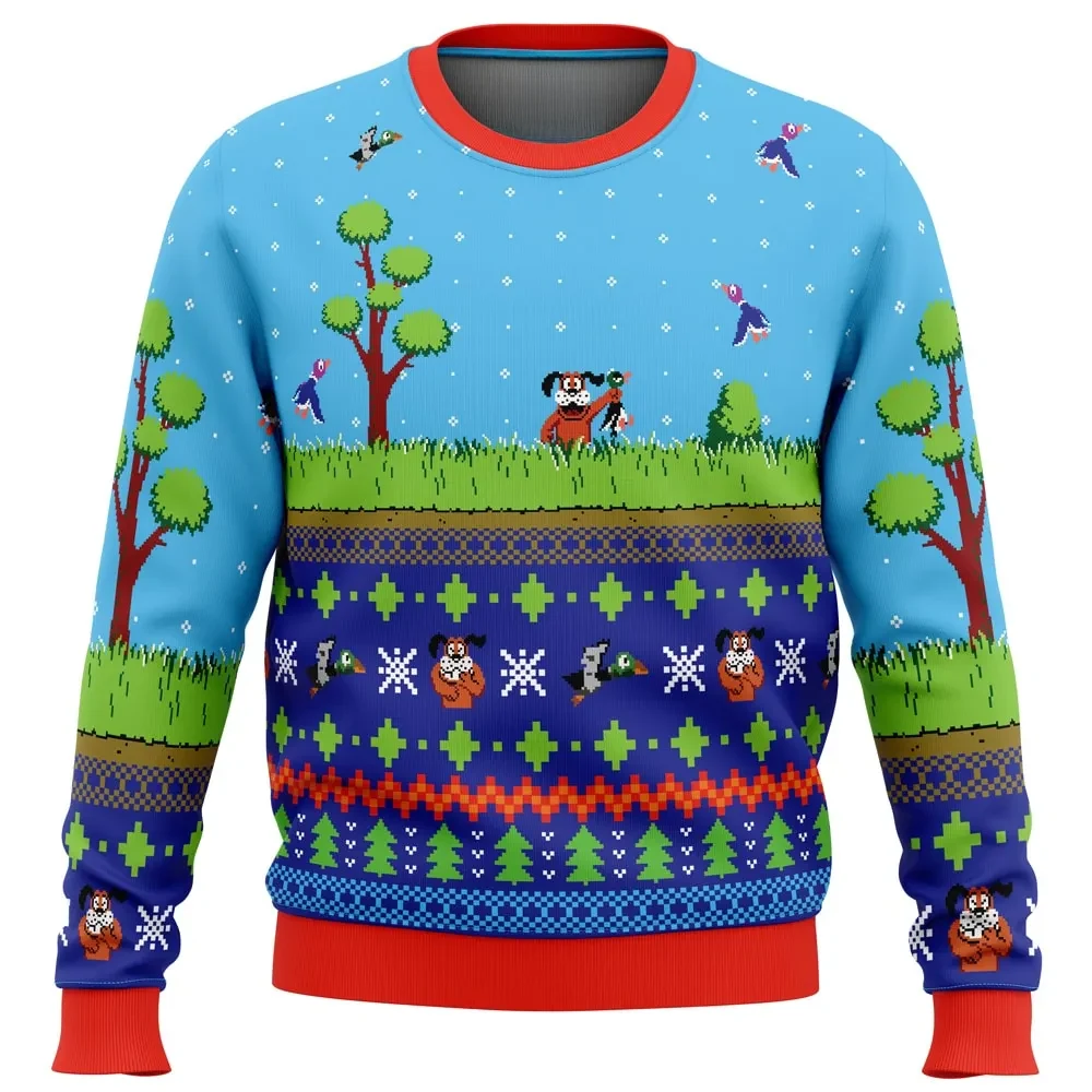 Festive Duck Hunt Ugly Christmas Sweater, Retro Nintendo Game Pixel Dog and Ducks Holiday Sweatshirt, Unisex Gamer Xmas Gift for NES Fans