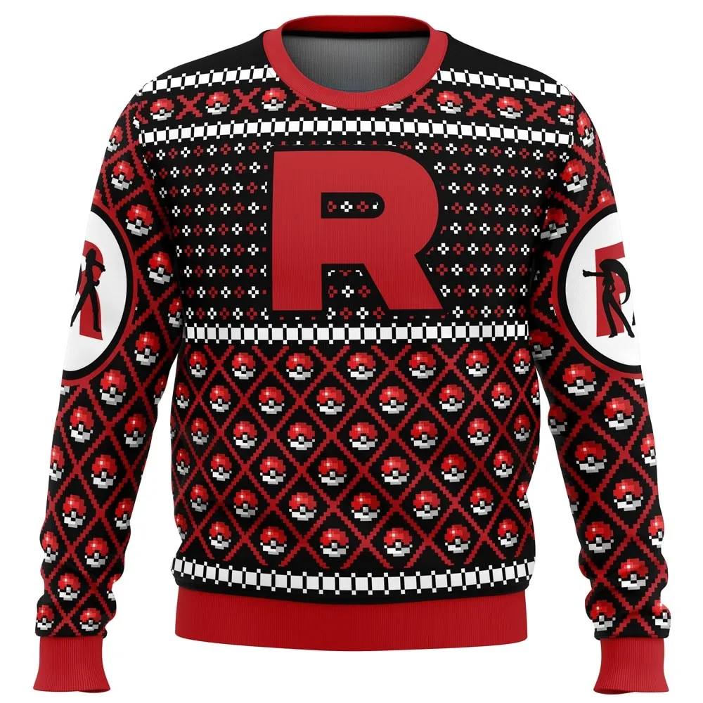 Team Rocket Pokemon Ugly Christmas Sweater, Big Red R and Poke Ball Grid Pokemon Holiday Sweater, Villain Team Gamer Xmas Gift for Trainers