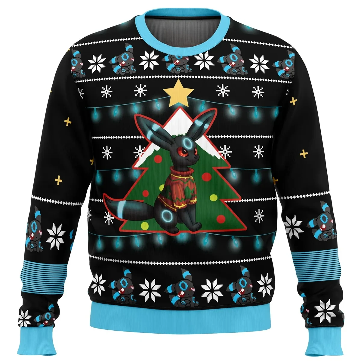 Umbreon Pokemon Ugly Christmas Sweater, Eevee Evolution Holiday Sweater, Christmas Tree and Poke Ball Design, Pokemon Xmas Gift for Gamers