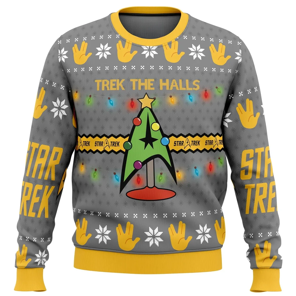 Trek The Halls Star Trek Ugly Christmas Sweater, Vulcan Salute and Starfleet Delta Tree Holiday Sweater, Trekkie Sci-Fi Xmas Gift for Fans