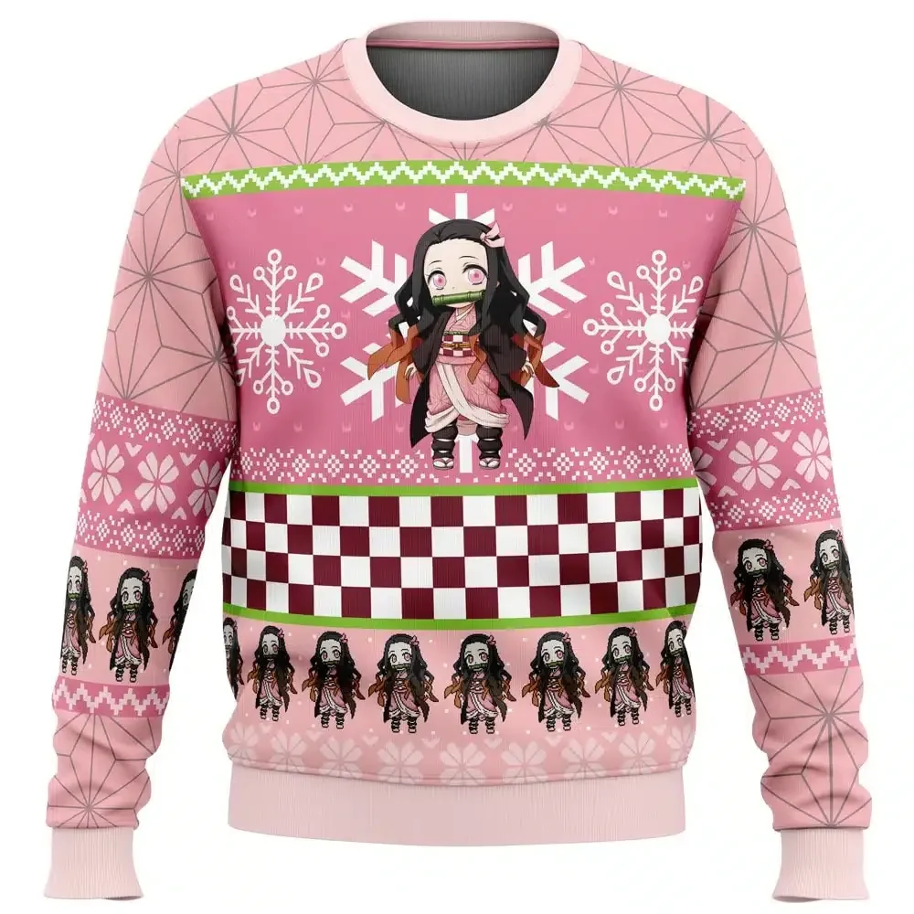 Chibi Christmas Nezuko Kamado Ugly Christmas Sweater, Demon Slayer Holiday Sweater, Pink Kimetsu no Yaiba Anime Pullover, Xmas Gift