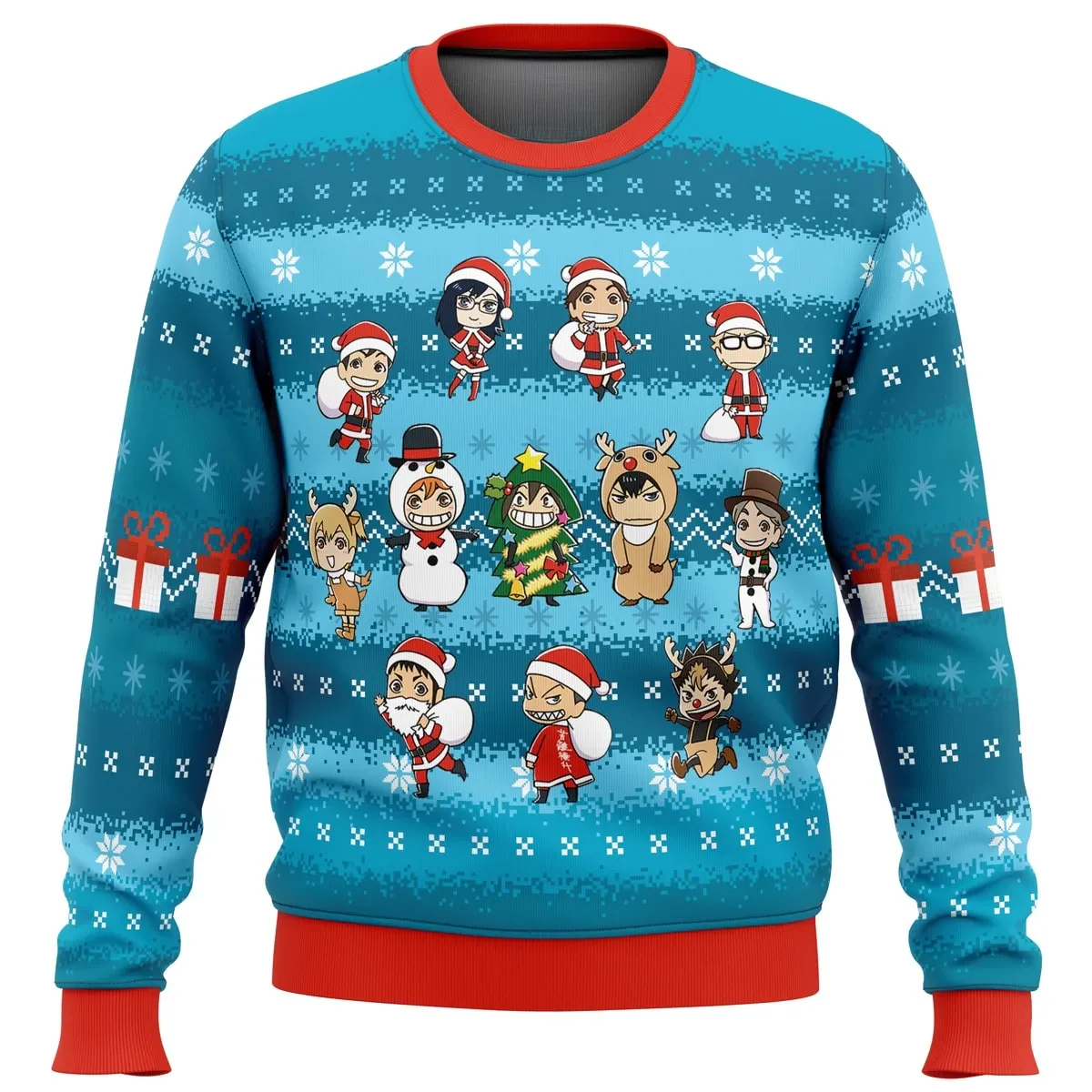 Festive Haikyuu Ugly Christmas Sweater, Haikyu Karasuno Anime Holiday Sweater, Chibi Santa and Reindeer Volleyball Team, Anime Xmas Gift for Fans