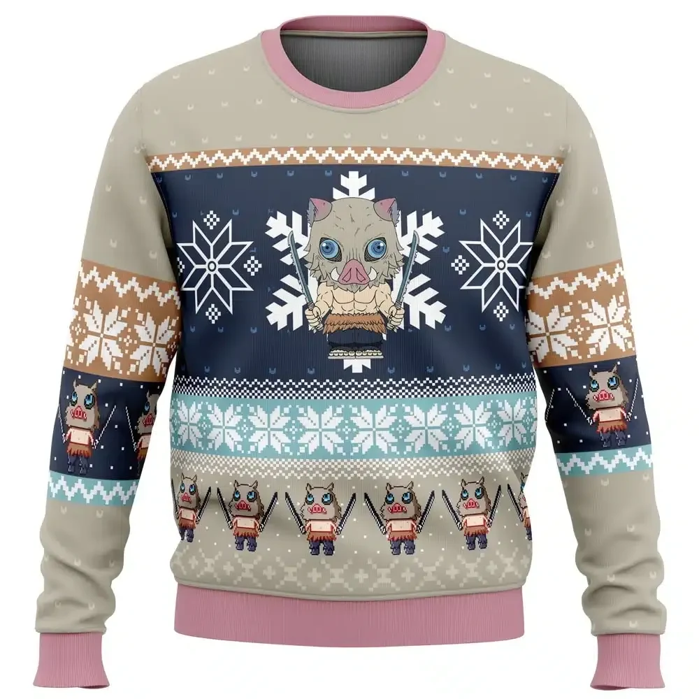 Chibi Christmas Inosuke Hashibira Demon Slayer Ugly Christmas Sweater, Kimetsu no Yaiba Anime Holiday Sweater, Xmas Jumper