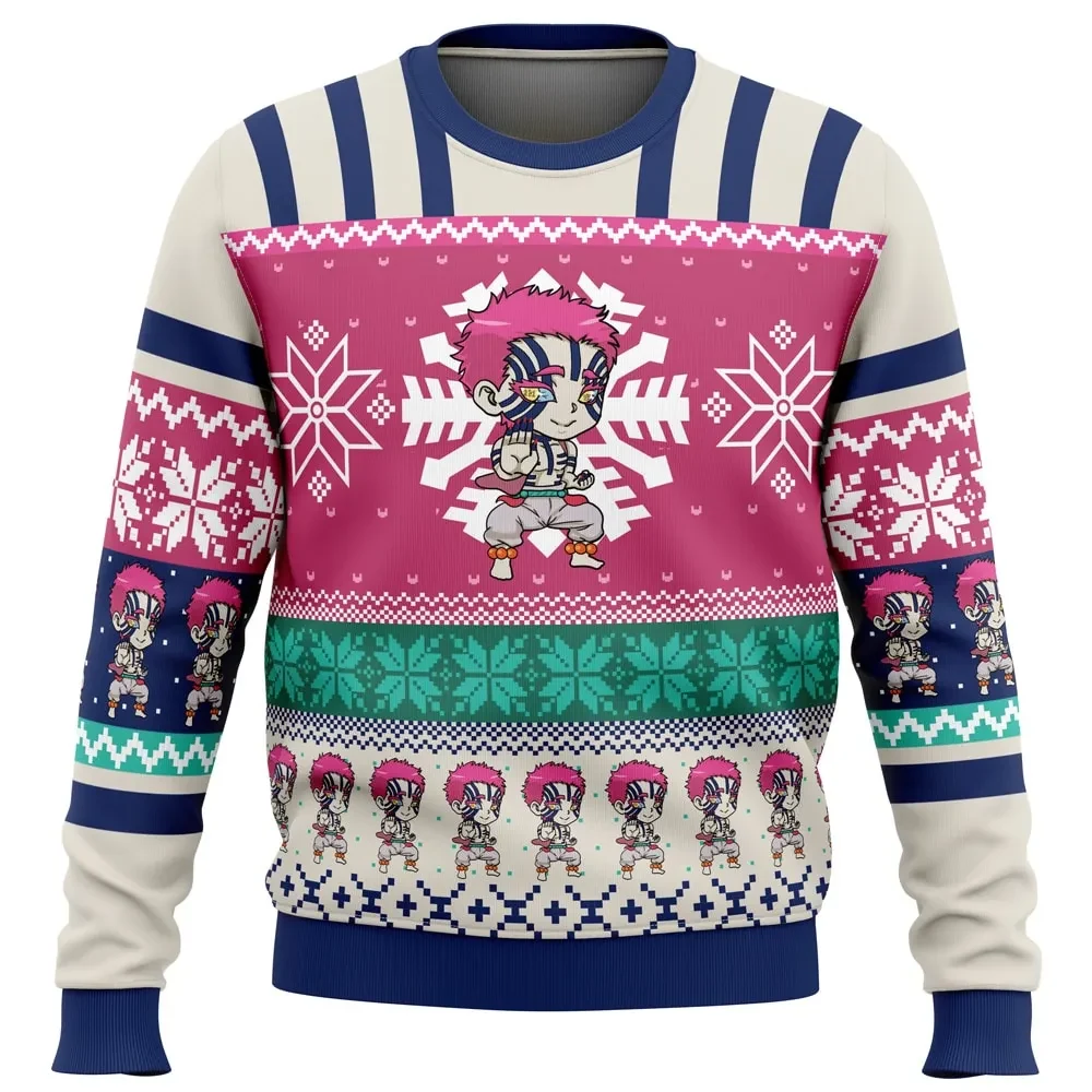 Chibi Christmas Akaza Demon Slayer Ugly Christmas Sweater, Demon Slayer Holiday Sweater, Upper Moon Three Pink Unisex Sweatshirt, Anime Xmas Gift