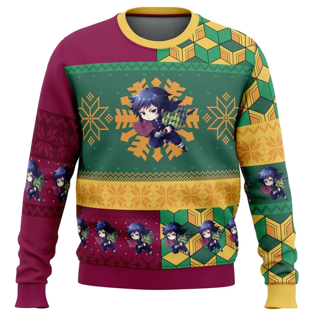 Chibi Christmas Giyu Tomioka Demon Slayer Ugly Christmas Sweater, Kimetsu no Yaiba Anime Holiday Sweater, Unisex All Over Print Xmas Jumper