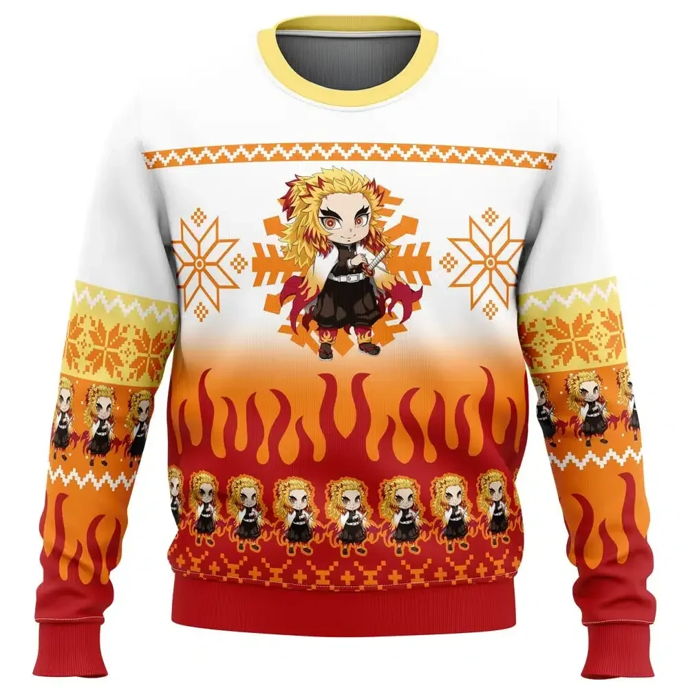 Chibi Christmas Kyojuro Rengoku Demon Slayer Ugly Christmas Sweater, Kimetsu no Yaiba Anime Holiday Sweater, All Over Print Xmas Sweater