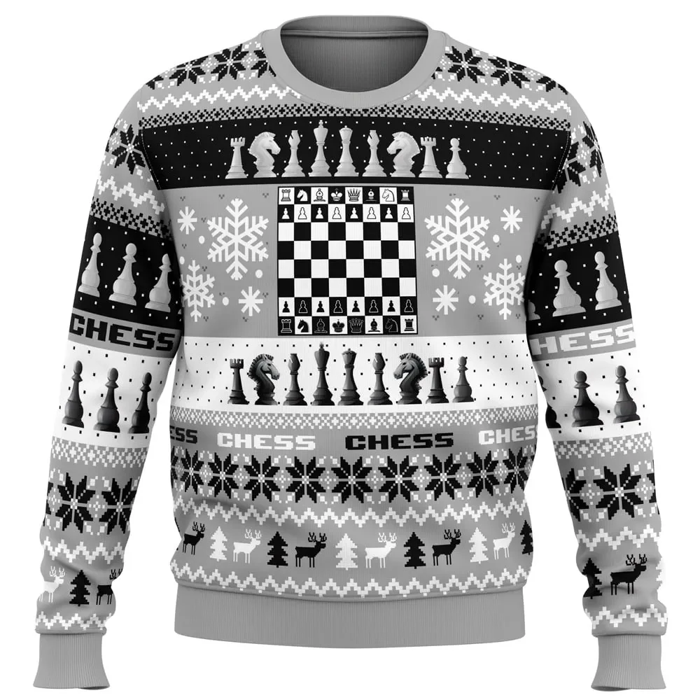 Christmas Chess Board Games Ugly Christmas Sweater, Chess Player Holiday Sweater, Black and White Pieces Pattern, Board Game Xmas Gift