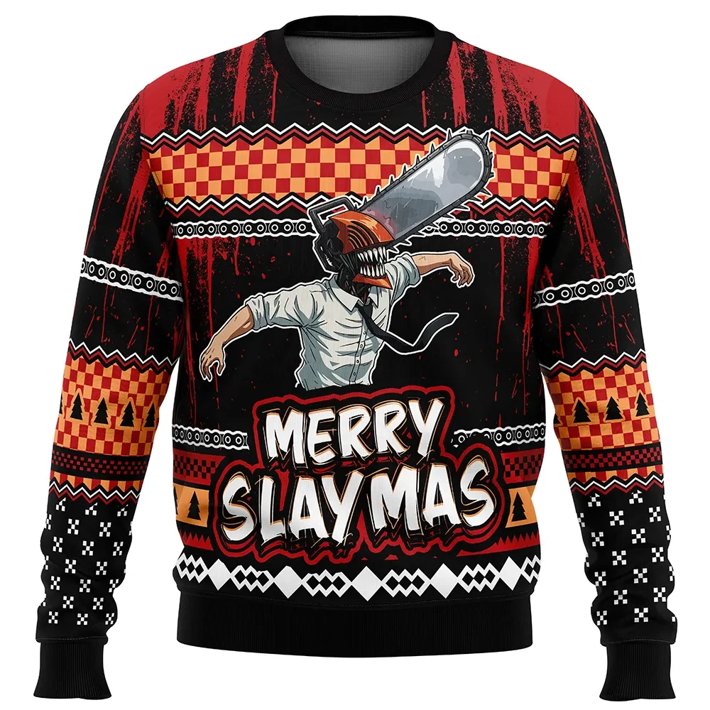 Merry Slaymas Denji Chainsaw Man Ugly Christmas Sweater, Chainsaw Devil Anime Holiday Sweater, Unisex Crewneck Sweatshirt, Horror Xmas Gift
