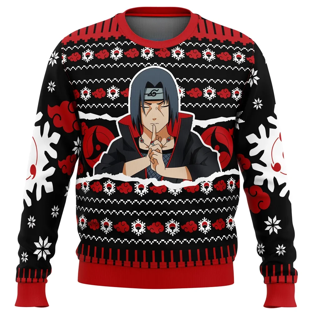 Itachi Uchiha Ugly Christmas Sweater, Naruto Shippuden Akatsuki Holiday Sweatshirt, Sharingan Red Cloud Unisex Anime Xmas Gift for Fans