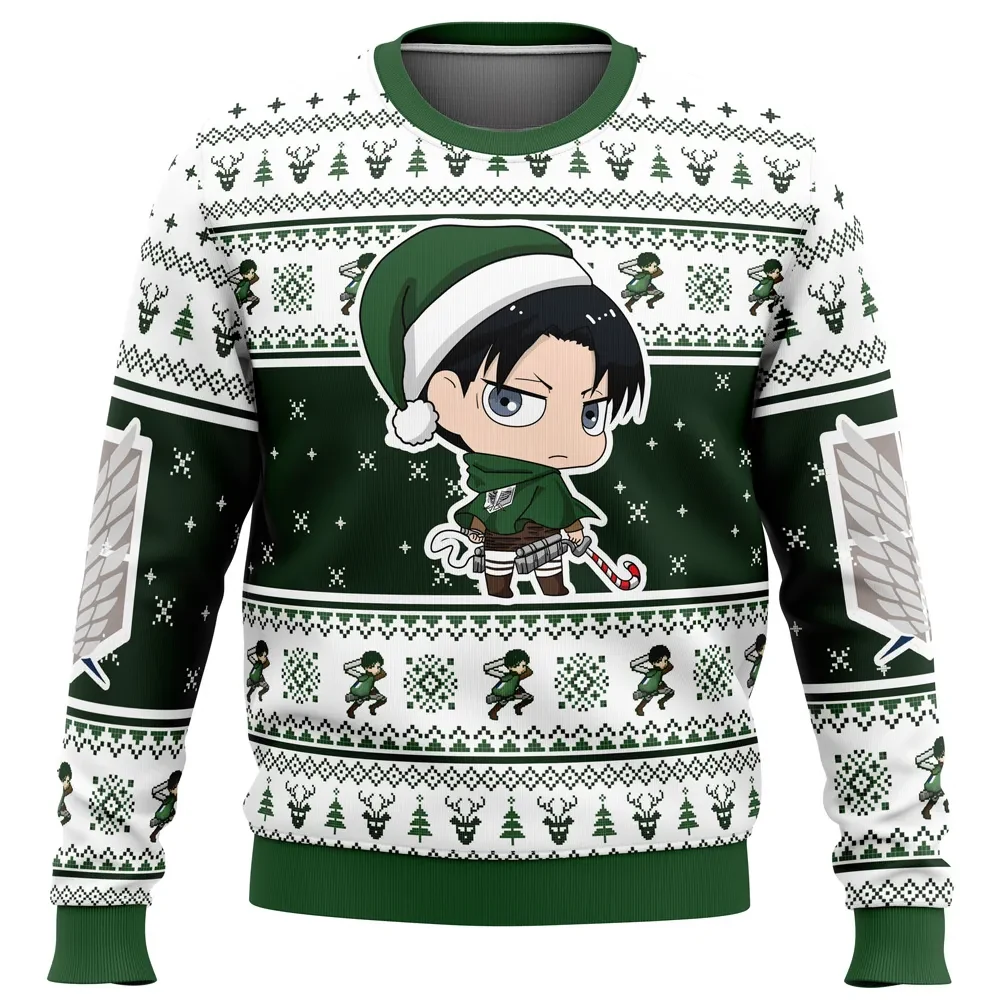 Christmas Chibi Levi Attack on Titan Ugly Christmas Sweater, Levi Ackerman Survey Corps Holiday Sweatshirt, Anime Xmas Gift for Fans