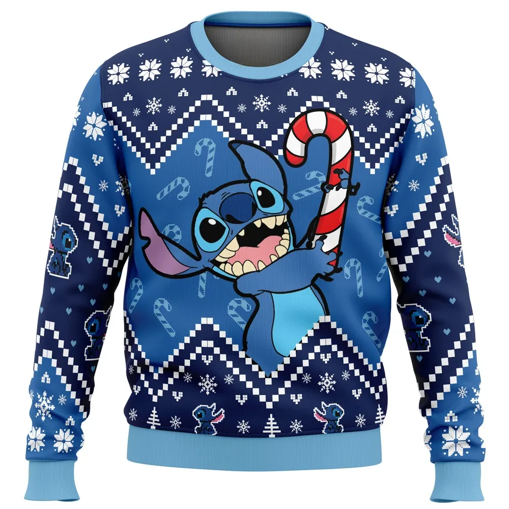 Christmas Stitch Ugly Christmas Sweater, Lilo and Stitch Candy Cane Holiday Sweater, Unisex All Over Print Xmas Sweatshirt, Disney Xmas Gift