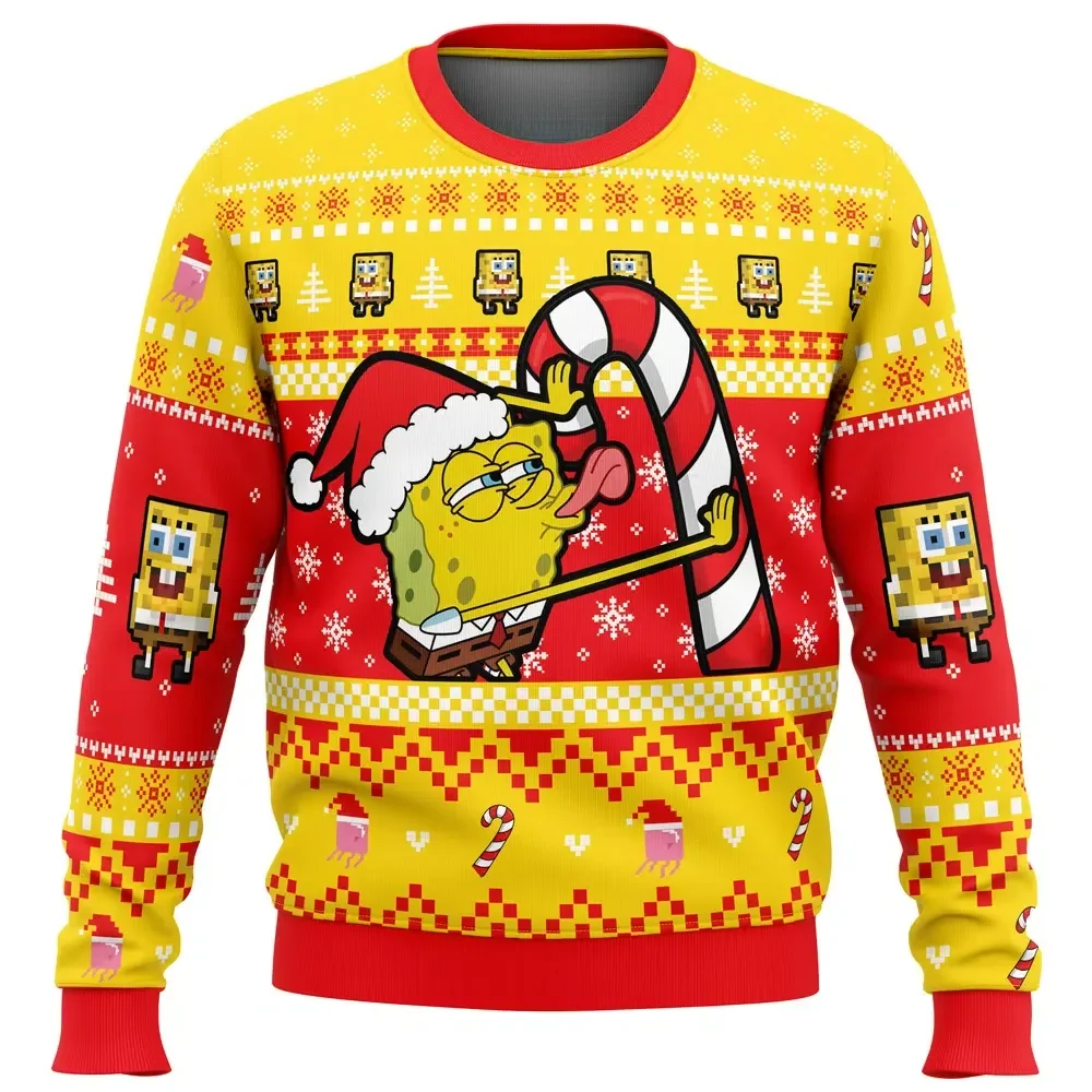 SpongeBob Licking Candy Cane SpongeBob SquarePants Ugly Christmas Sweater, Funny Cartoon Holiday Sweatshirt, Unisex Nickelodeon Xmas Gift