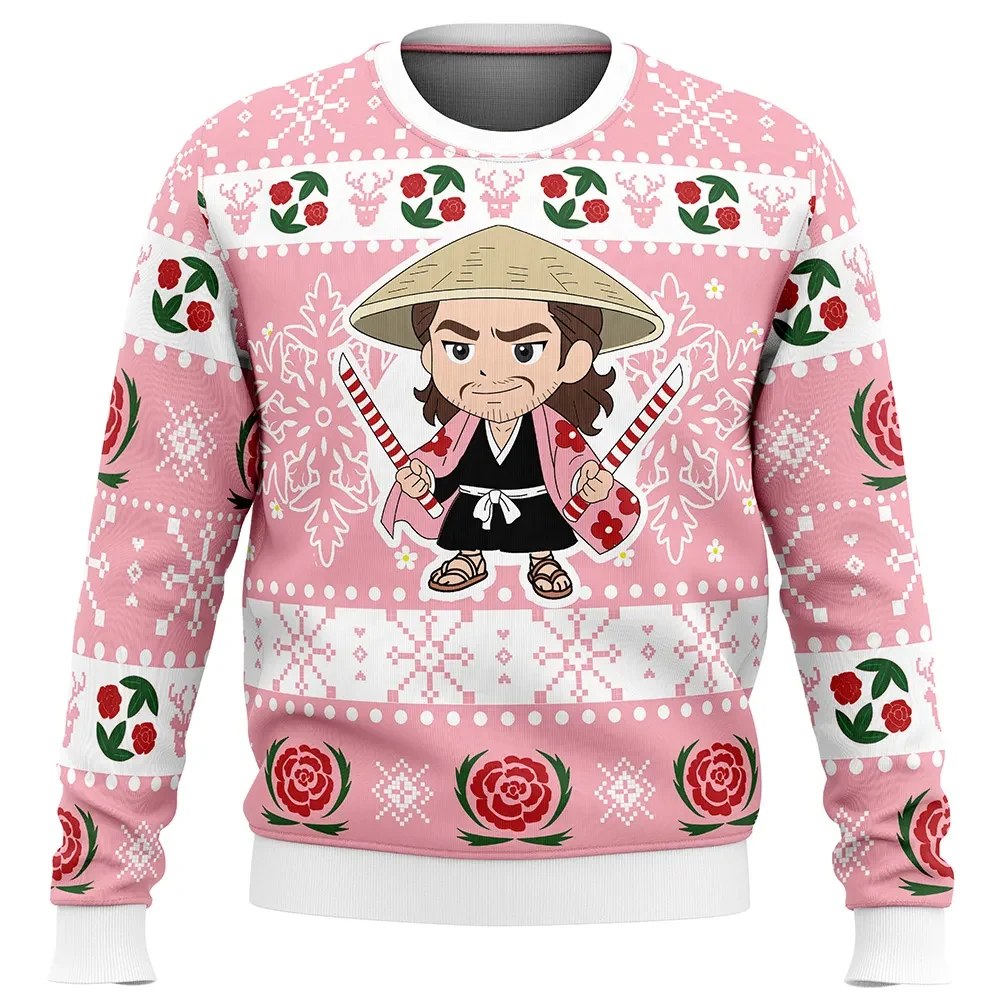 Christmas Chibi Shunsui Bleach Ugly Christmas Sweater, Kyoraku Camellia Anime Holiday Sweater, Unisex Pink Sweatshirt, Soul Reaper Xmas Gift