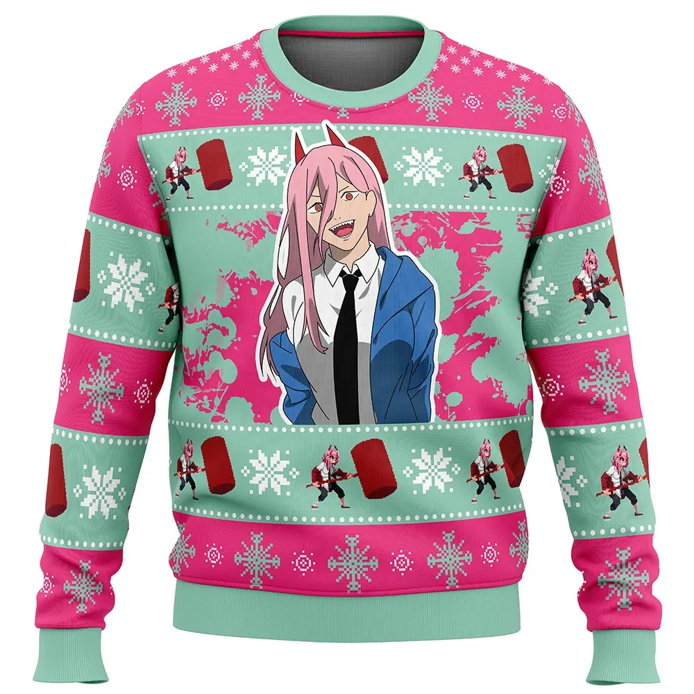 Christmas Power Chainsaw Man Ugly Christmas Sweater, Chainsaw Man Holiday Sweater, Anime Xmas Gift, Unisex Blood Fiend Power Pink Sweatshirt