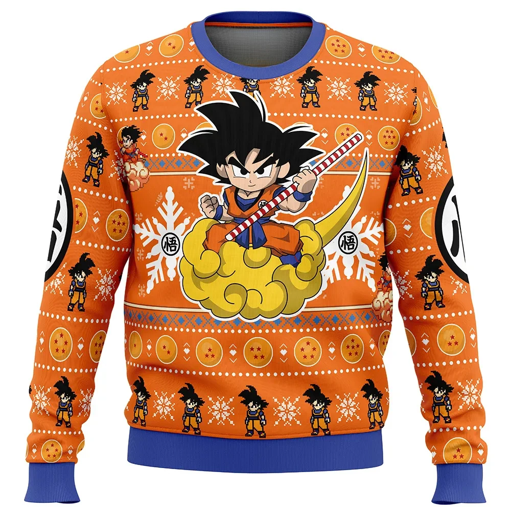 Christmas Goku Dragon Ball Z Ugly Christmas Sweater, Flying Nimbus Kanji DBZ Holiday Sweater, Unisex Crewneck Sweatshirt, Anime Xmas Gift