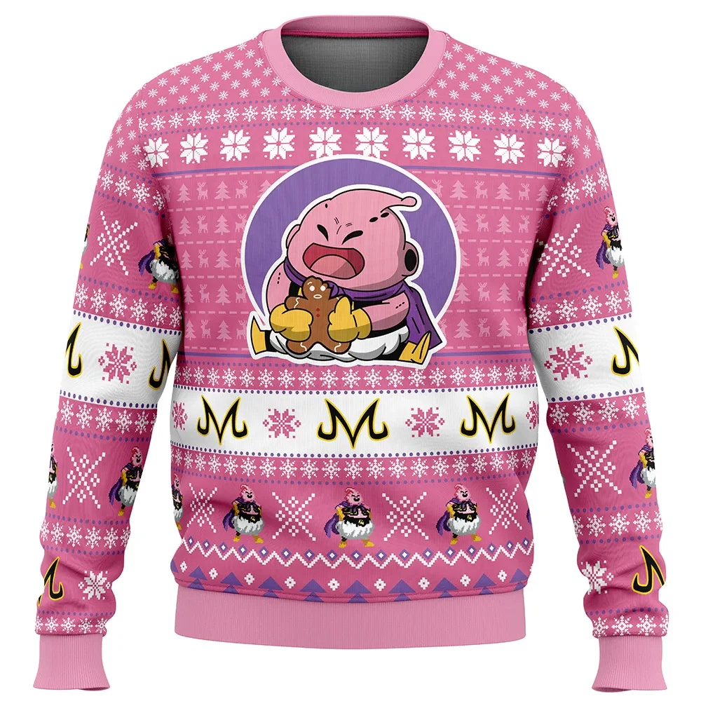 Majin Buu Dragon Ball Z Ugly Christmas Sweater, Gingerbread Cookie DBZ Anime Holiday Sweater, Unisex All Over Print Anime Xmas Gift for Fans