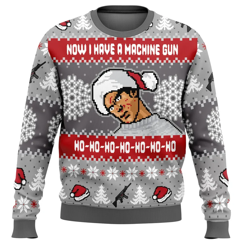 Now I Have a Machine Gun Ho Ho Ho Die Hard Ugly Christmas Sweater, Funny Christmas Movie Holiday Sweater, Unisex All Over Print Xmas Sweater