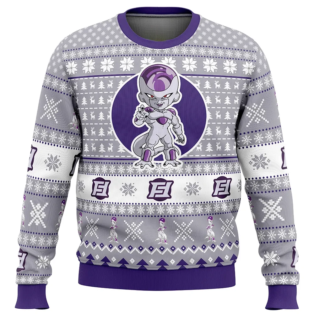 Frieza Dragon Ball Z Ugly Christmas Sweater, DBZ Holiday Sweater, Anime Xmas Gift, Unisex Chibi Frieza Force Lavender Sweatshirt for Anime Fans