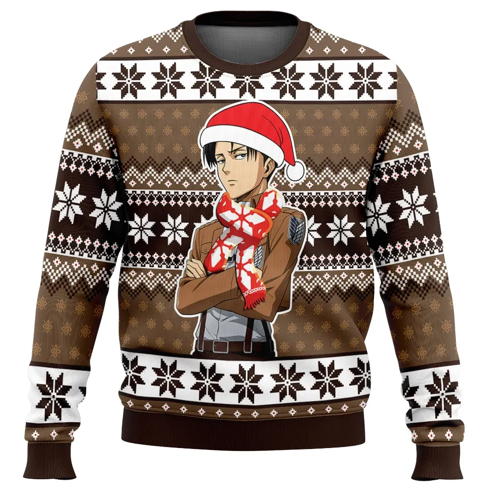 Levi Ackerman Attack on Titan Ugly Christmas Sweater, Survey Corps Anime Holiday Sweater, Santa Hat Captain Levi Unisex Anime Xmas Gift