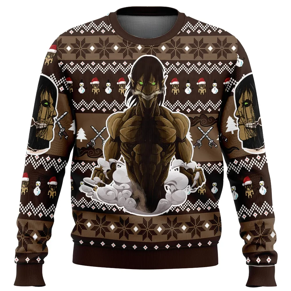 Titan Eren Attack on Titan Ugly Christmas Sweater, Shingeki no Kyojin Holiday Sweater with Santa Hat Snowmen, Unisex Sweatshirt, Anime Xmas Gift