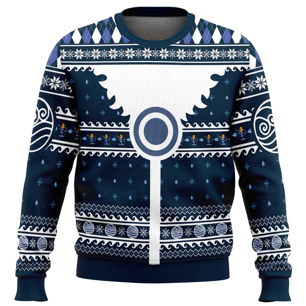 Waterbender Avatar the Last Airbender Ugly Christmas Sweater, Water Tribe Emblem Holiday Sweater, Navy and White Anime Xmas Gift