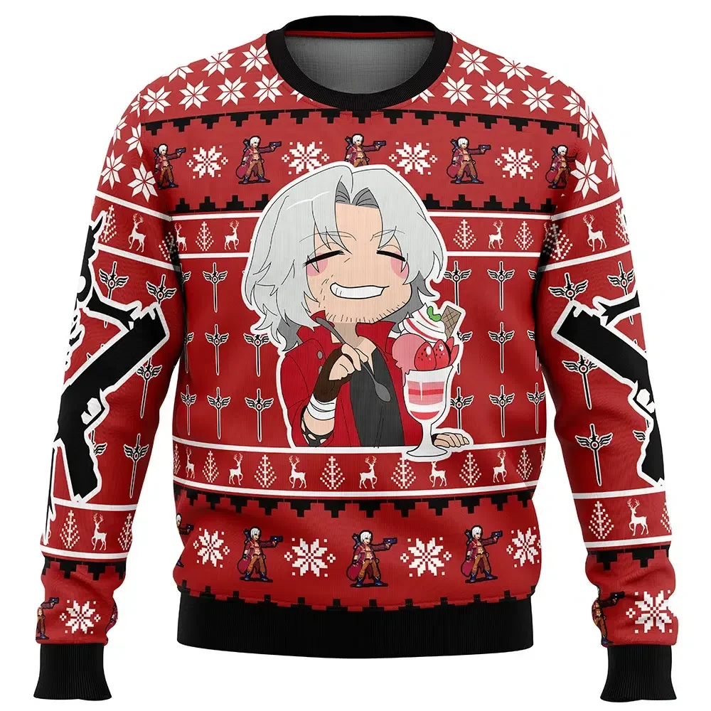 Dante Chibi Devil May Cry Ugly Christmas Sweater, Strawberry Sundae DMC Gamer Holiday Sweater, Action Video Game Xmas Gift for Fans