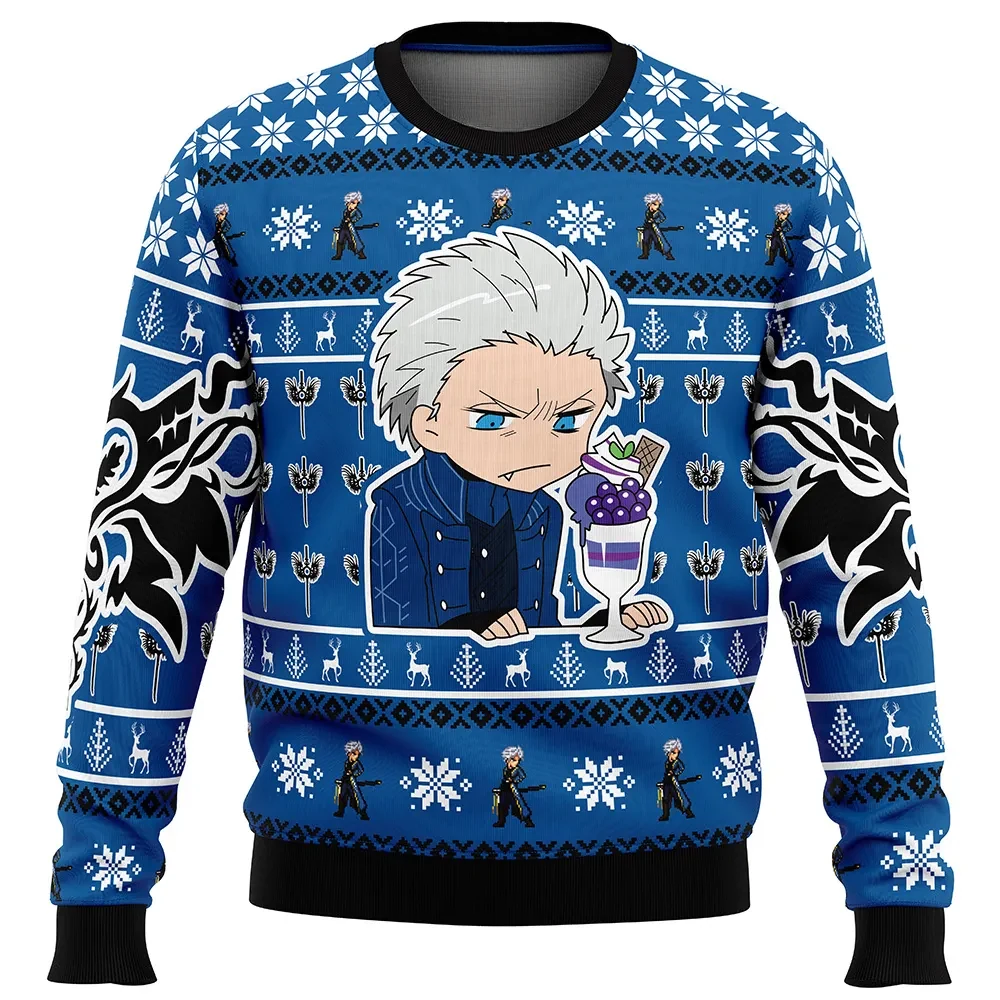Vergil Chibi Devil May Cry Ugly Christmas Sweater, DMC 5 Ice Cream Parfait Holiday Sweater, Funny Unisex Crewneck Sweatshirt, Gamer Xmas Gift