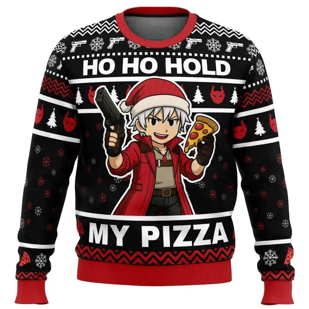 Ho Ho Hold My Pizza Dante Devil May Cry Ugly Christmas Sweater, Chibi Santa Hat DMC Holiday Sweater, Funny Unisex Sweatshirt, Gamer Xmas Gift