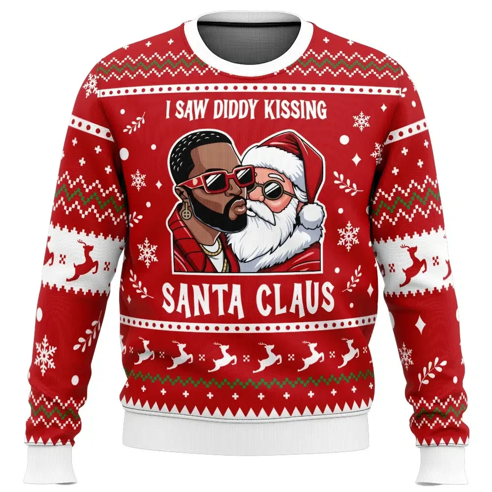 I Saw Diddy Kissing Santa Claus Ugly Christmas Sweater, Funny Holiday Sweater, Meme Xmas Gift, White Elephant Unisex All Over Print Pullover