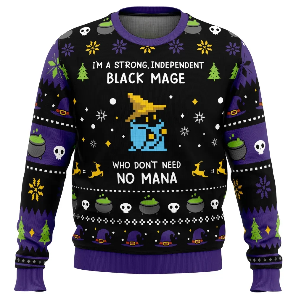 I'm A Strong Independent Black Mage Ugly Christmas Sweater, Final Fantasy Don't Need No Mana Holiday Sweater, Pixel Art Gamer Xmas Gift