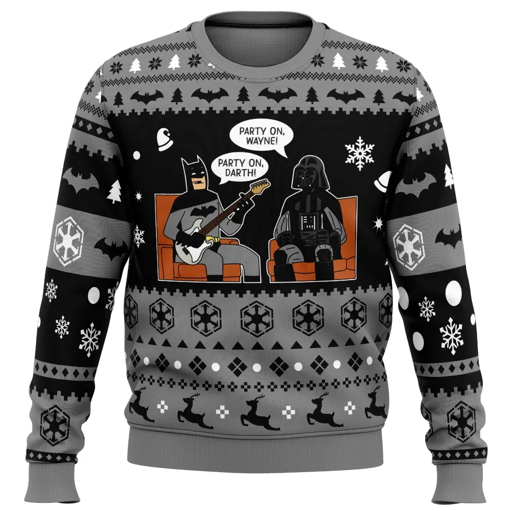 Party On Wayne Batman and Darth Vader Ugly Christmas Sweater, Funny Wayne's World Parody Holiday Sweatshirt, Unisex Christmas Gift