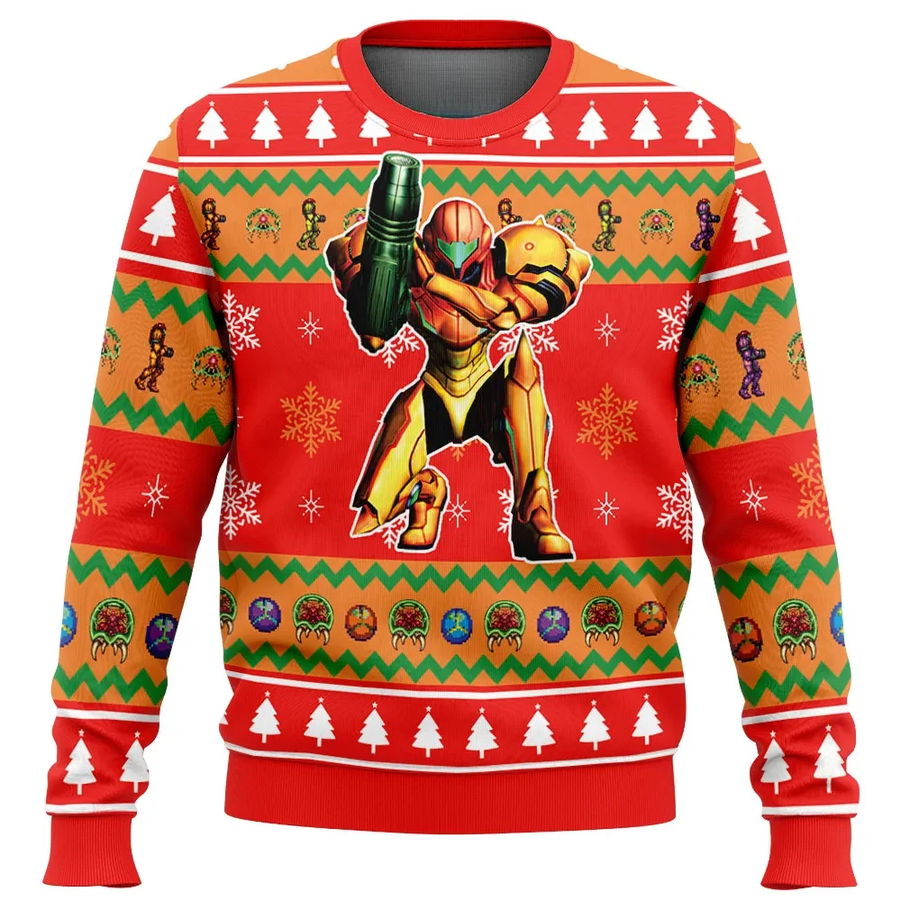 Super Metroid Ugly Christmas Sweater, Samus Aran Gamer Holiday Sweater, Retro Gaming Xmas Gift, Unisex Power Suit Bounty Hunter Sweatshirt