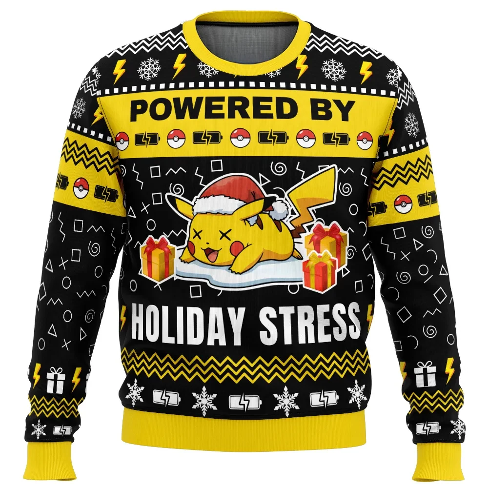 Pikachu Powered by Holiday Stress Pokemon Ugly Christmas Sweater, Funny Pokemon Holiday Sweater, Unisex All Over Print Anime Xmas Gift