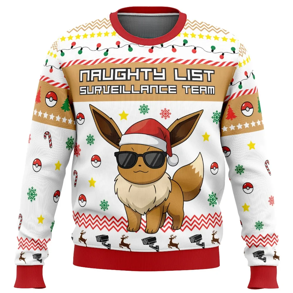 Eevee Naughty List Surveillance Team Pokemon Ugly Christmas Sweater, Pokemon Holiday Sweater, Unisex All Over Print Xmas Jumper