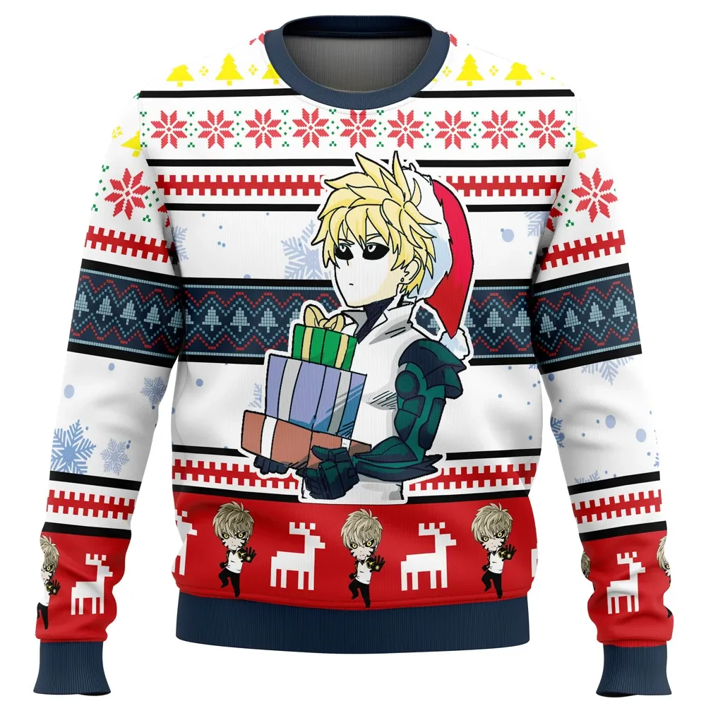 Genos One Punch Man Ugly Christmas Sweater, One Punch Man Holiday Sweater, Anime Xmas Gift, Unisex Santa Hat Cyborg Genos Sweatshirt for Fans