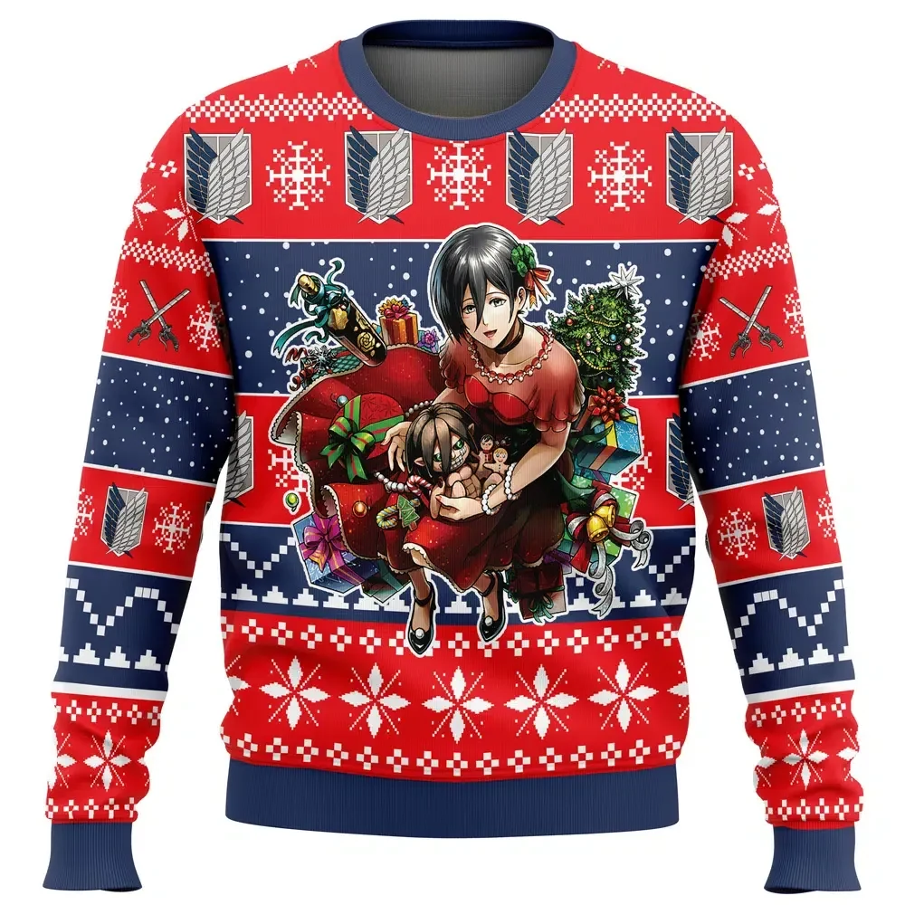 Mikasa Attack On Titan Ugly Christmas Sweater, AOT Survey Corps Holiday Sweater, Anime Xmas Gift, Unisex Wings of Freedom Wreath Sweatshirt