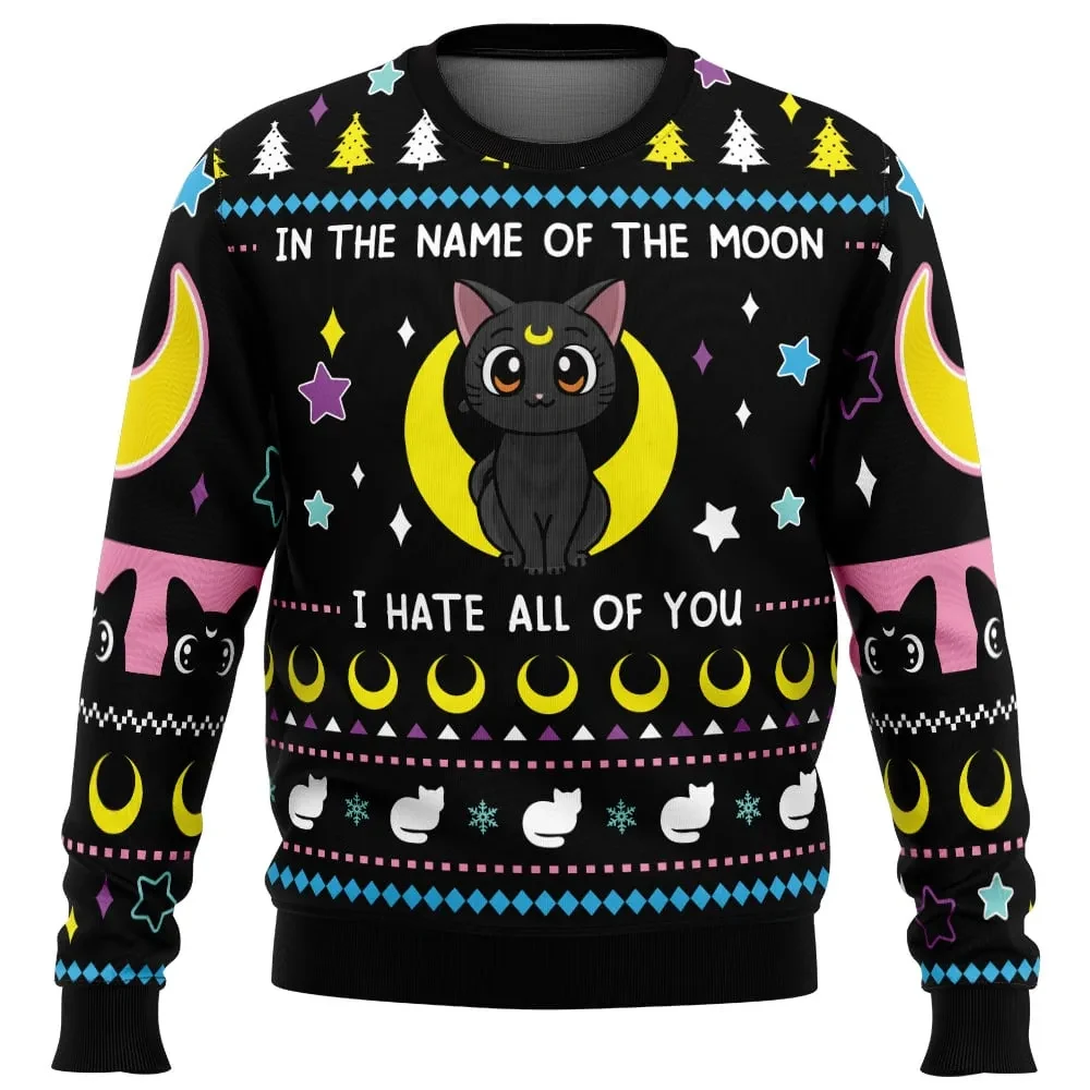 In the Name of the Moon I Hate All of You Sailor Moon Ugly Christmas Sweater, Luna Anime Holiday Sweater, Unisex Xmas Jumper