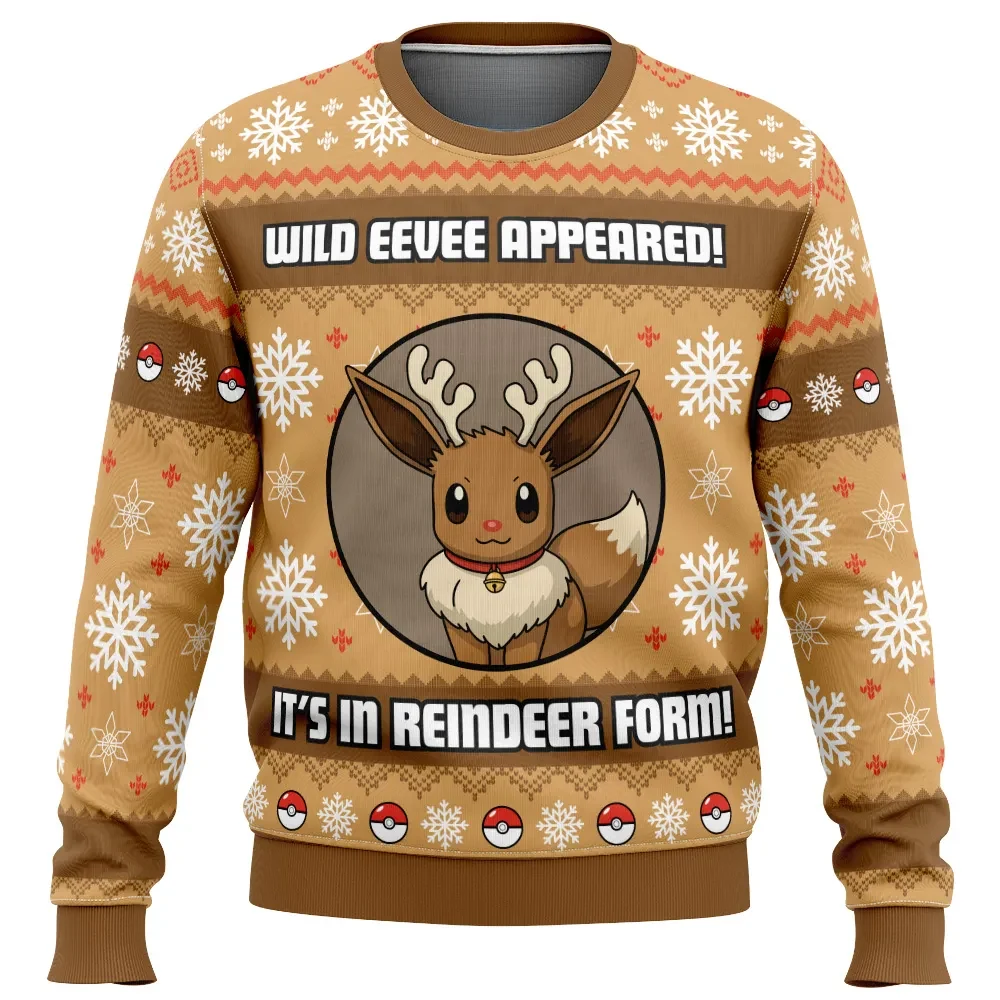 Wild Eevee Appeared Eevee Reindeer Pokemon Ugly Christmas Sweater, Pokemon Holiday Sweater, Cute Anime Xmas Sweatshirt Gift for Fans