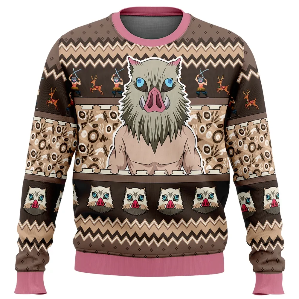 Inosuke Hashibira Demon Slayer Ugly Christmas Sweater, Kimetsu no Yaiba Boar Mask Holiday Sweater, Unisex Crewneck Sweatshirt, Anime Xmas Gift