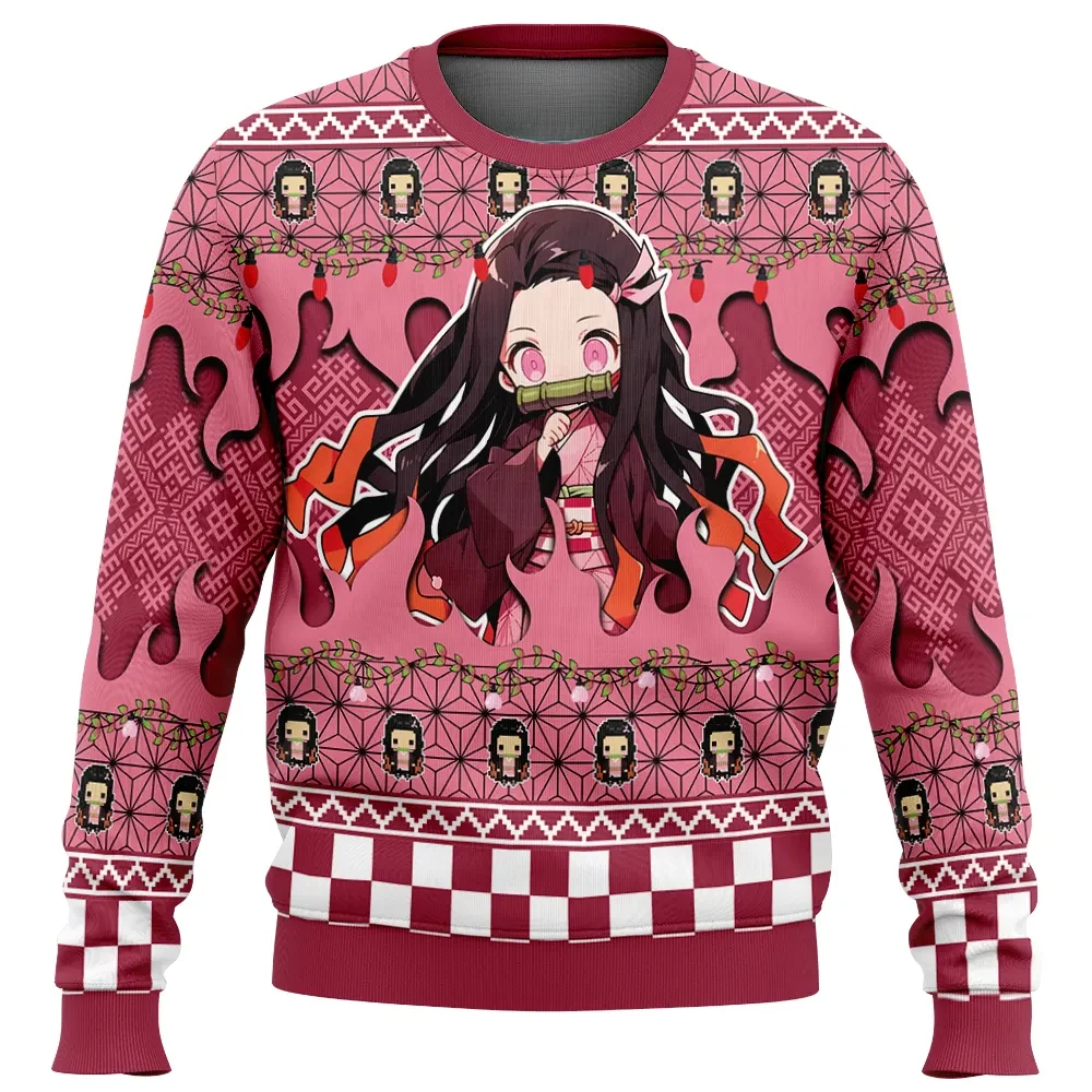 Nezuko Kamado Demon Slayer Ugly Christmas Sweater, Kimetsu no Yaiba Chibi Holiday Sweater, Bamboo Muzzle Anime Xmas Gift for Fans