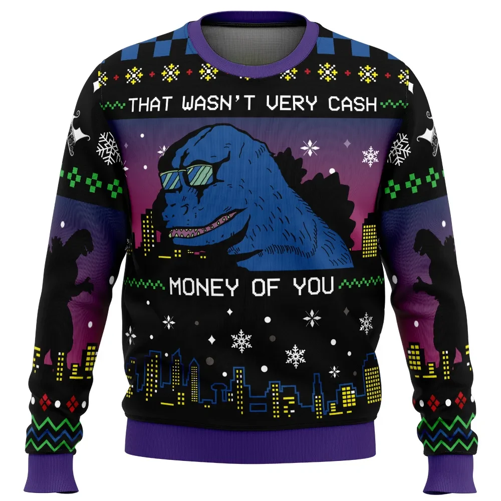 That Wasn't Very Cash Money Of You Godzilla Ugly Christmas Sweater, Funny Meme Holiday Sweater, Kaiju in Sunglasses, Xmas Gift for Meme Fans