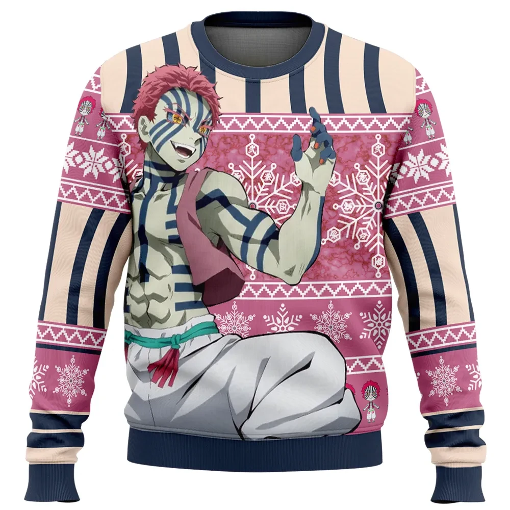 Akaza V2 Demon Slayer Ugly Christmas Sweater, Upper Moon Three Anime Holiday Sweatshirt, Pink Snowflake Xmas Gift for Anime Fans