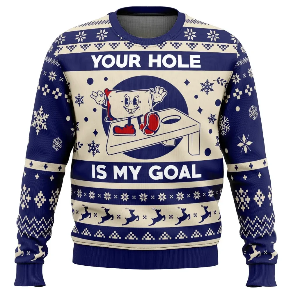 Your Hole Is My Goal Ugly Christmas Sweater, Funny Cornhole Bag and Board Holiday Sweater, Backyard Game Xmas Sweatshirt, Cornhole Player Gift
