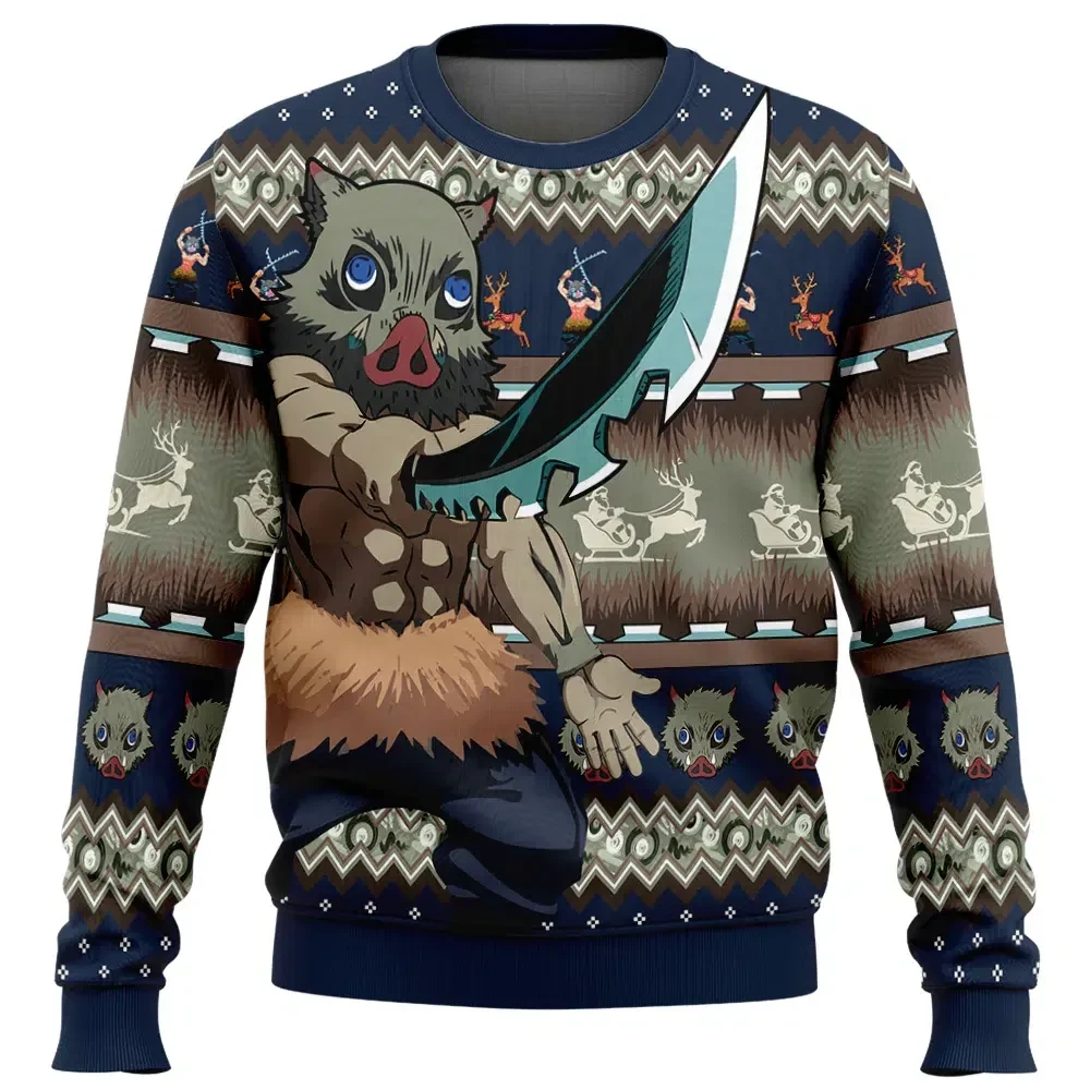 Inosuke Hashibira V2 Demon Slayer Ugly Christmas Sweater, Kimetsu no Yaiba Boar Mask Anime Holiday Sweatshirt, Unisex Xmas Gift for Fans