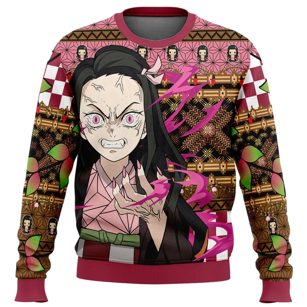 Nezuko Kamado V2 Demon Slayer Ugly Christmas Sweater, Kimetsu no Yaiba Awakened Form Holiday Sweater with Fox Mask Back, Unisex Anime Xmas Gift