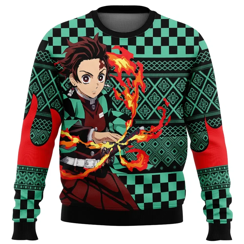 Tanjiro Kamado Demon Slayer Ugly Christmas Sweater, Kimetsu no Yaiba Holiday Sweater, Checkered Haori Anime Xmas Gift with Fox Mask Back