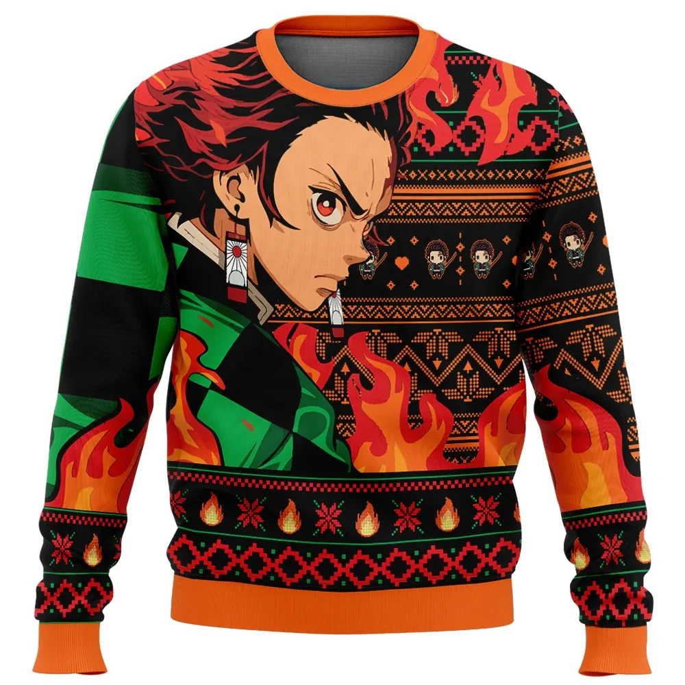 Tanjiro Kamado V3 Demon Slayer Ugly Christmas Sweater, Demon Slayer Anime Holiday Sweater, Hanafuda Earrings Sweatshirt, Anime Xmas Gift